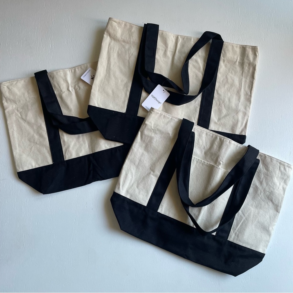 TOPDesign 3-Pack Stylish Canvas Tote Bag with an External Pocket